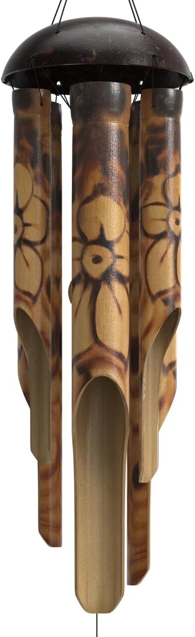 Rustic Bamboo Wind Chimes - Outside Outdoor Wooden Windchimes, Medium, Floral Burned Design with Coconut Crown, Handcrafted with Calming Deep Tones, Home Decor Ideal Gift for Him & Her